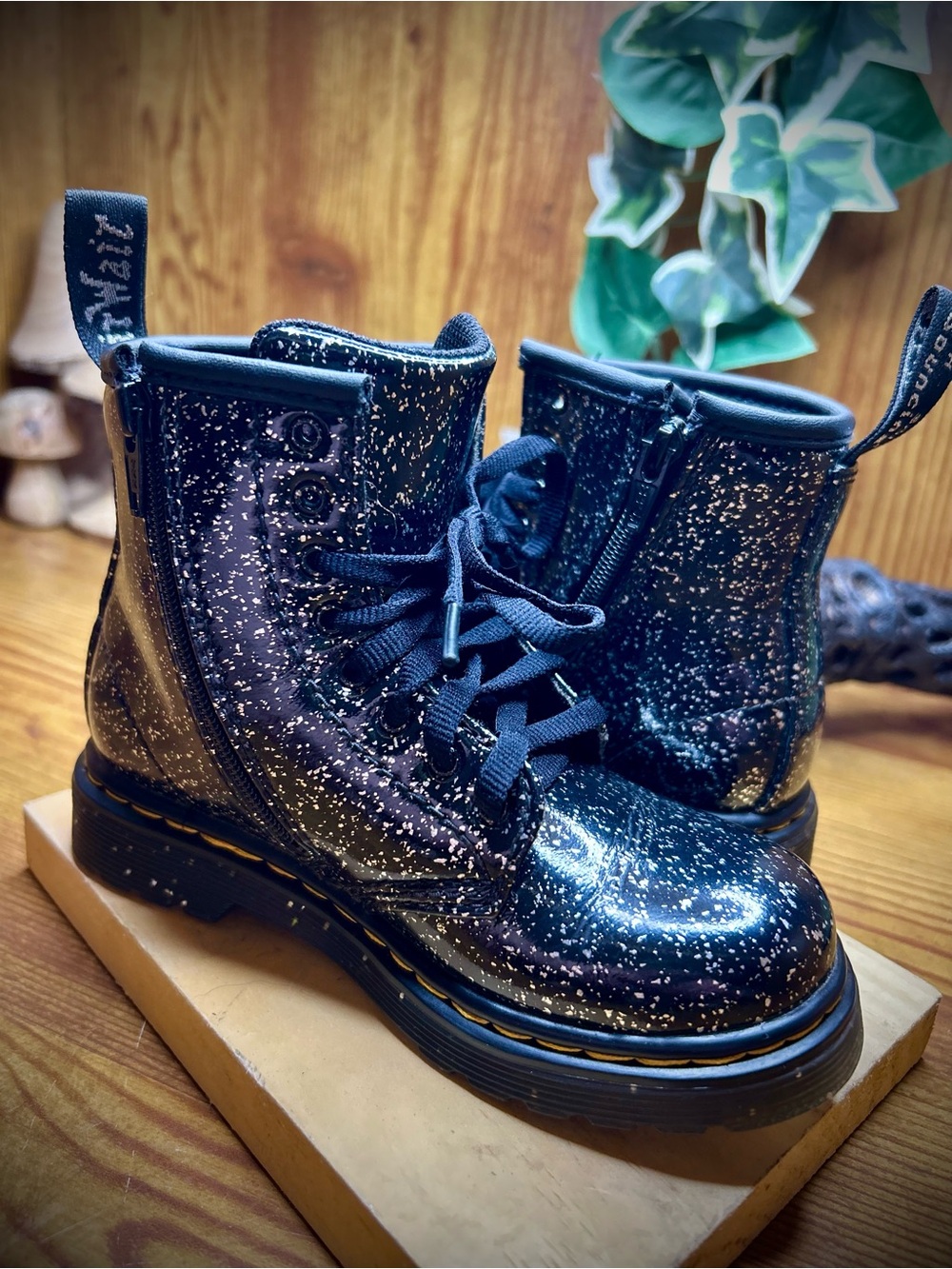 Dr. Martens Kids Black Glitter Combat Boots